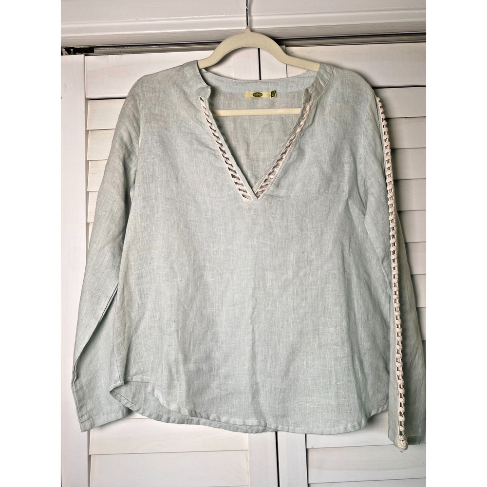Dolma Women's Size L Blue Cut Out Linen Long Sleeve Top Tunic Lagenlook Summer